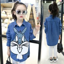 Детская рубашка с длинными рукавами для мальчиков и девочек; хлопковая Осенняя детская одежда; синяя ковбойская одежда с кроличьими отворотами для подростков