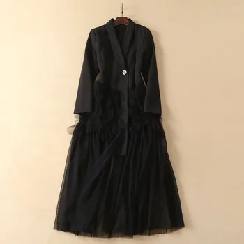 

Fashion Black White Dresses Spring Women 2019 Sheer Mesh Patchwork Notched Collar Button Long Sleeve Bohemian Long Dress
