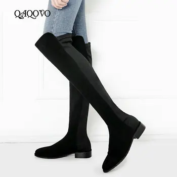 

Flat Heel Knee High Boots Women Soft Flock Leather Over The Knee Boots Slip On Autumn Winter Fashion High Boots Shoes