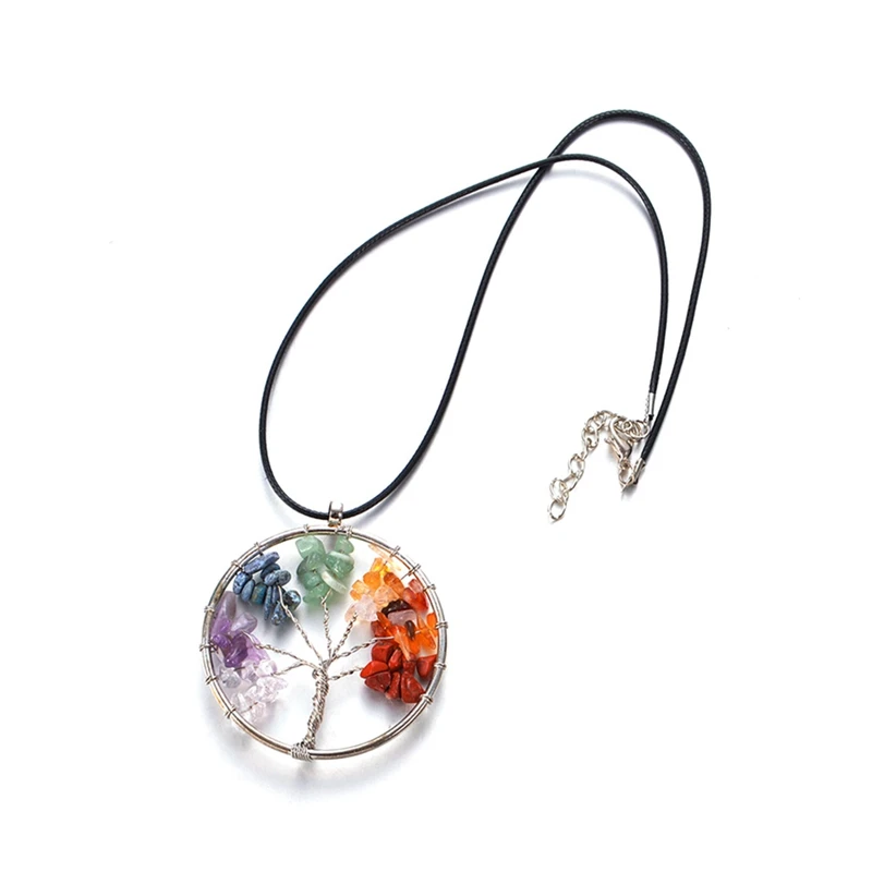 

New Fashion Rainbow Stone Life Tree Leather Necklace Multicolor Wisdom Tree Natural Stone Necklace