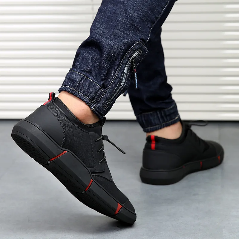 JINBEILEE High Quality All Black Men's Leather Casual Shoes Fashion Skateboard Sneakers Fashion Flats  Anti-Slippery  Thermal