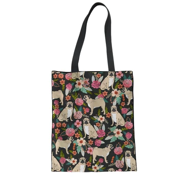 

FORUDESIGNS Pug Reusable Grocery Bags Large Canvas Shopping Bags Eco-friendly Student College Style Shoulder Bag Cheap Tote Bag