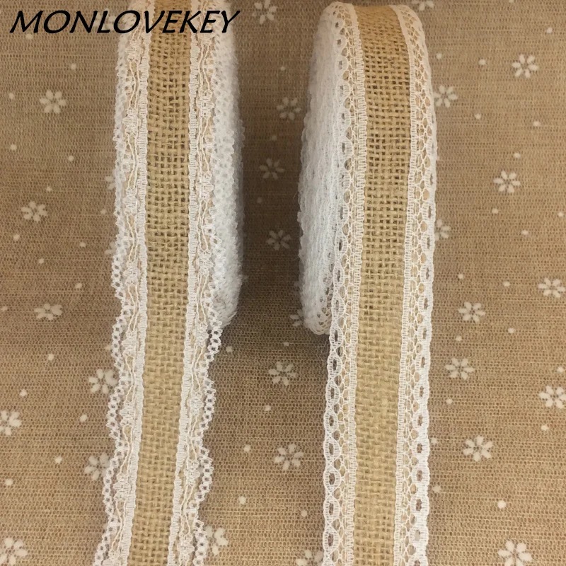 

3 Style Natural Jute Burlap Hessian 10 meter Ribbon + white lace trim Edge Vintage Wedding decoration