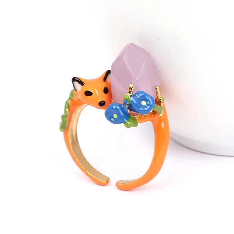 

France Dyxytwe Enamel Gold Rings Open Pretty Fox Flower Gem Ring Jewelery For Women Good Quality Gift