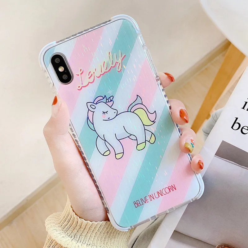 Милый мультяшный чехол с единорогом для iPhone 7 6S 8 Plus 11 Pro Max Stripes Блестящий лазерный
