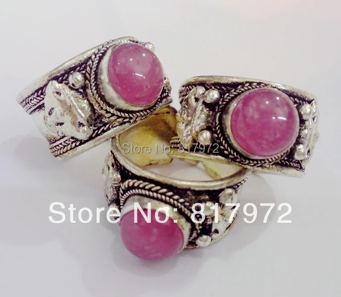 

Wholesale High Quality 10pcs Retro Style Fashion Tibet Silver Pink Crystal Bead Lace Ring Adjustable Unisex Party Gift