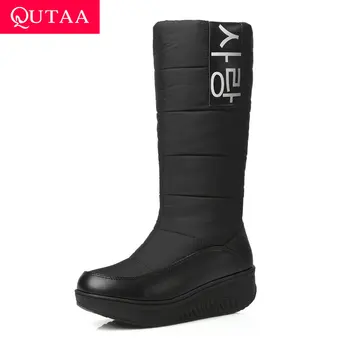 

QUTAA 2020 Platform Warm Fur Women Mid Calf Boots PU Leather Down Wedge Heel Round Toe Slip On Comfortable Snow Boots Size 35-43