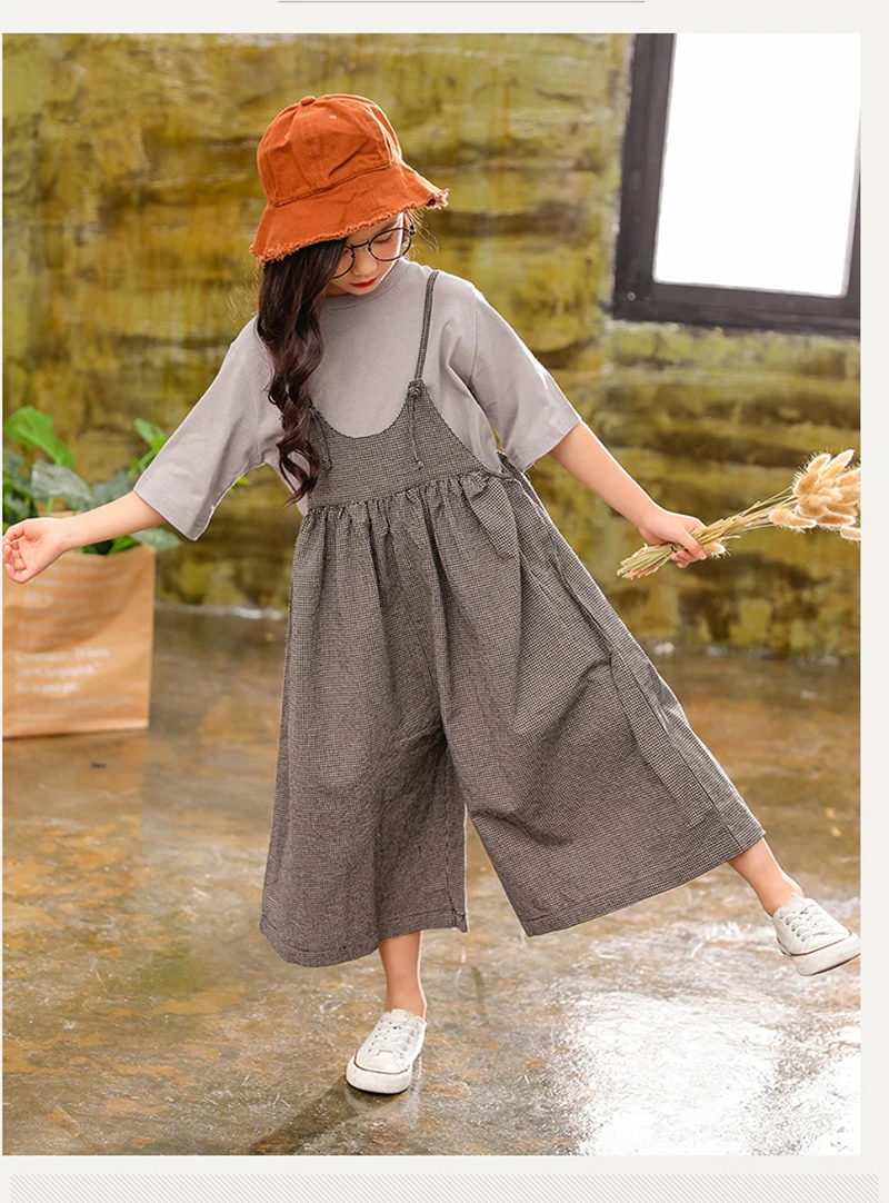 Girls Summer Clothing Set Kids Clothes Cotton linen Suit For Girl 6 8 12 13 14 Years Children's Costumes Casual Shirt+Jumpsuit