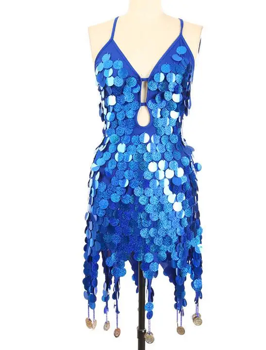 BLINGSTORY Холтер шеи спинки костюмы для латиноамериканских танцев конкурс Bling блесток с открытыми плечами платье с бахромой для женщин KR7004-4 - Цвет: Синий