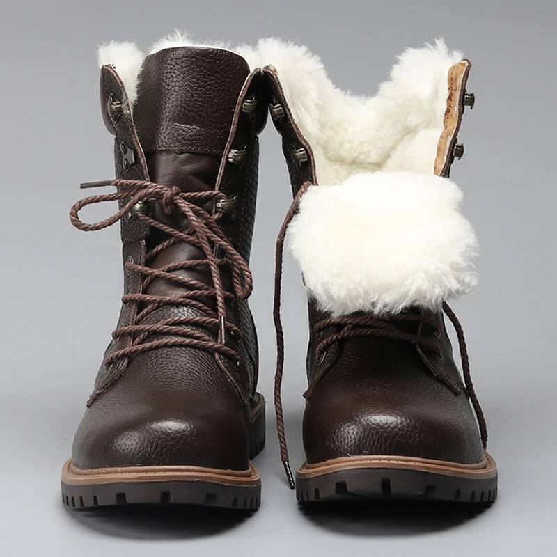 Natural Wool Men Winter Shoes Warmest Genuine Leather Handmade Men Winter Snow Boots #YM1568