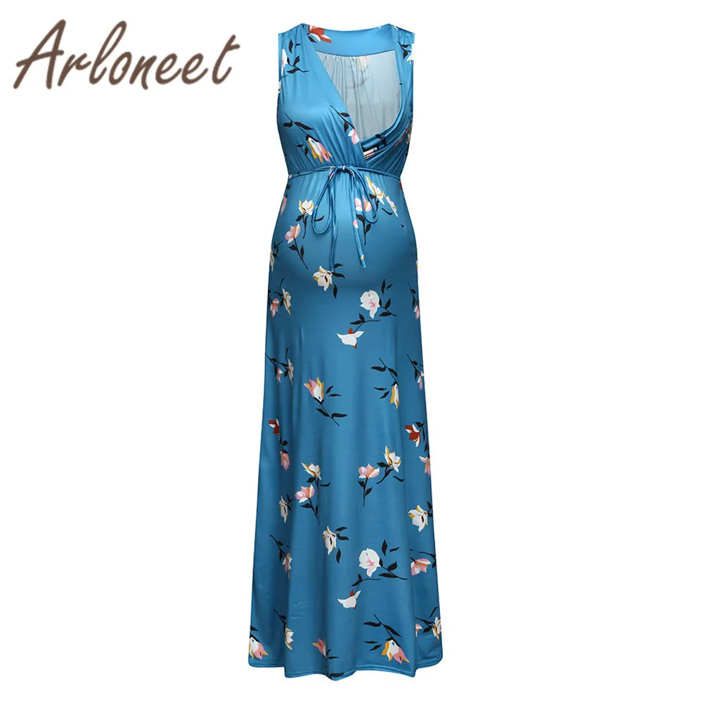 Одежда arloneet элегантное женское платье для беременных Vestidos платье с цветочным принтом Повседневное платье с v-образным вырезом Летняя женская одежда pregnanct