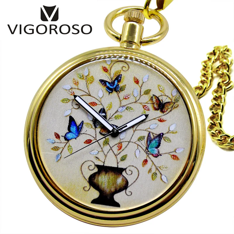 

VIGOROSO Antique Gold Steel Open Face Self-Wind Automatic Mechanical Pocket Watch Fob Chain New Style Flower Butterfly Dial