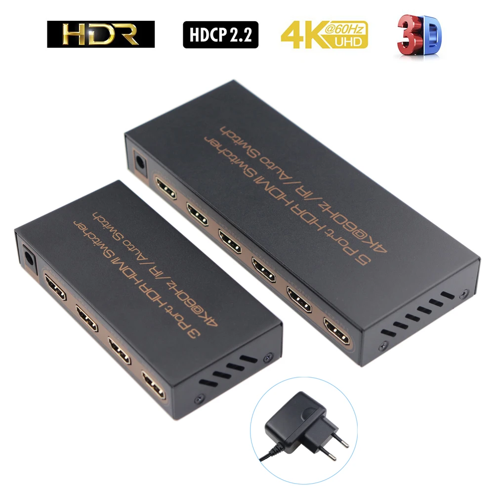 

4K@60Hz HDMI Switch 5x1 5 In 1 Out or 3x1 3 In 1 Out HDMI 2.0 Switcher with IR Remote Support HDCP 2.2 UHD HDR 3D 1080P