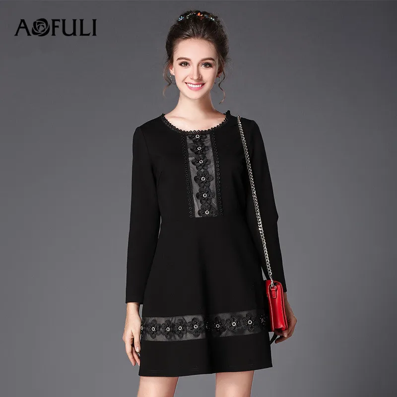 

AOFULI Brand L- 3XL 4XL 5XL Plus size Autumn Dress 2017 Women Long sleeve 3D Flower Beading OL Office Ladies Black Dresses