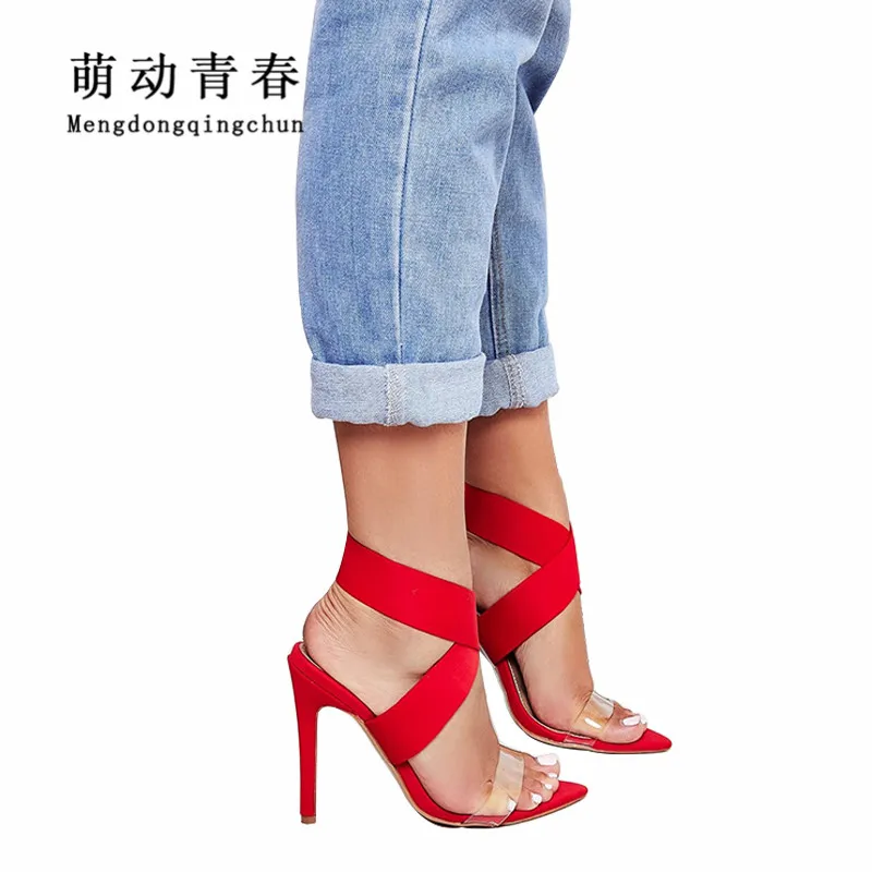 Sexy On Beige black Klar Sandalen Heels Slip Toe Stretch Neue Party Peep Pvc red Frauen Hohe Sommer Wrap Stoff Ankle Marke HpFS8w0Y