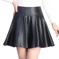 2018 Новый Высокая Талия Искусственная кожа Flare юбка Повседневное PU мини-юбка длиной выше колена одноцветное Цвет черная плиссированная юбка