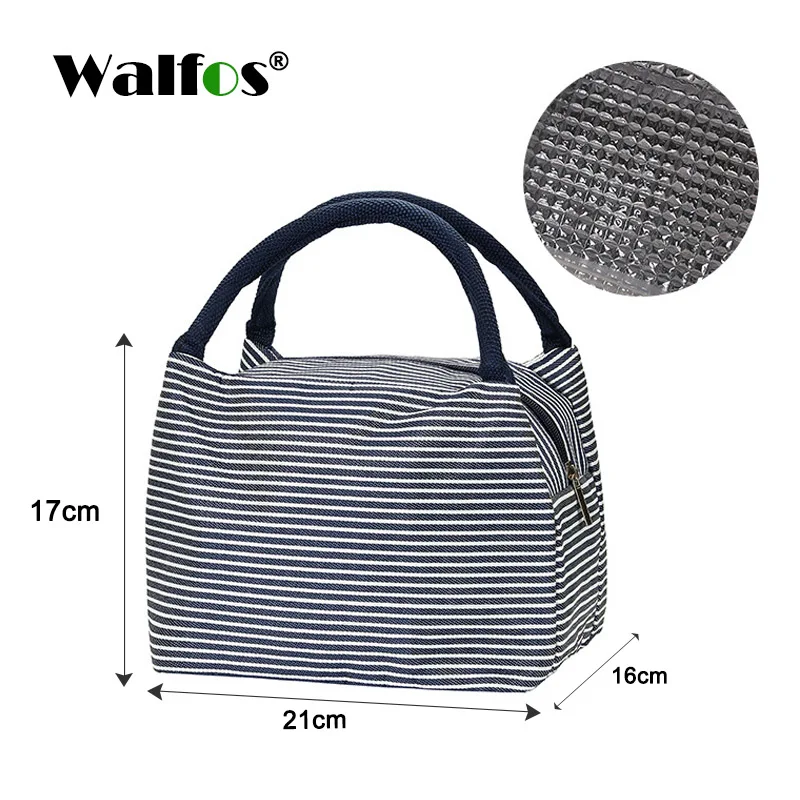 WALFOS Portable Lunch Bag Canvas Stripe Insulated Cooler Bags Thermal Food Picnic Lunch Bags Kids Lunch Box Bag Tote