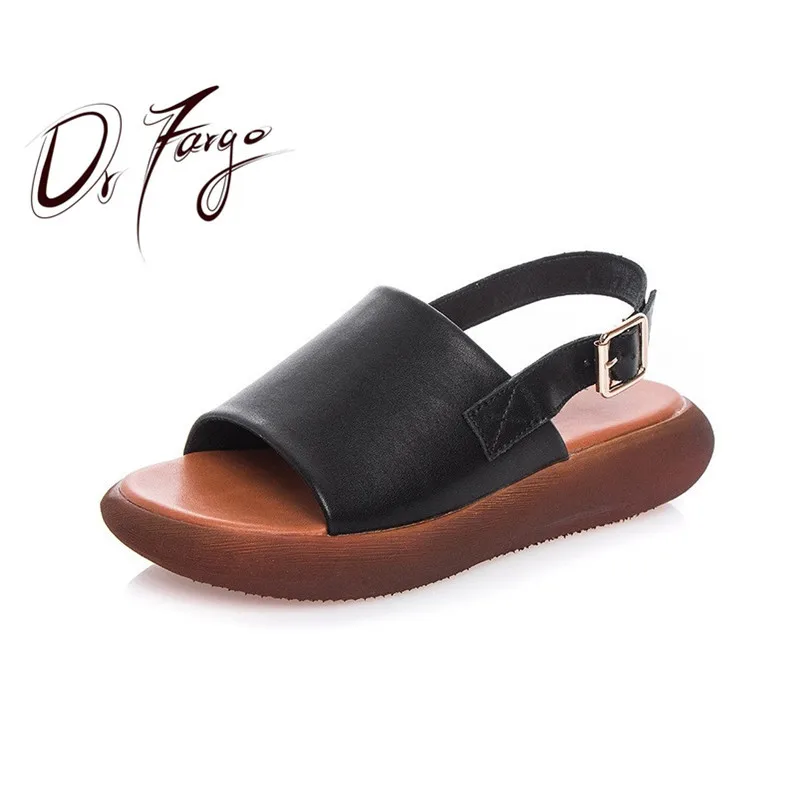 

DRFARGO Summer Women Sandal Genuine Leather Solid Black White Platform Deep Vamp Slip on Buckle Beach Shoes Sandalias Mujer 2019