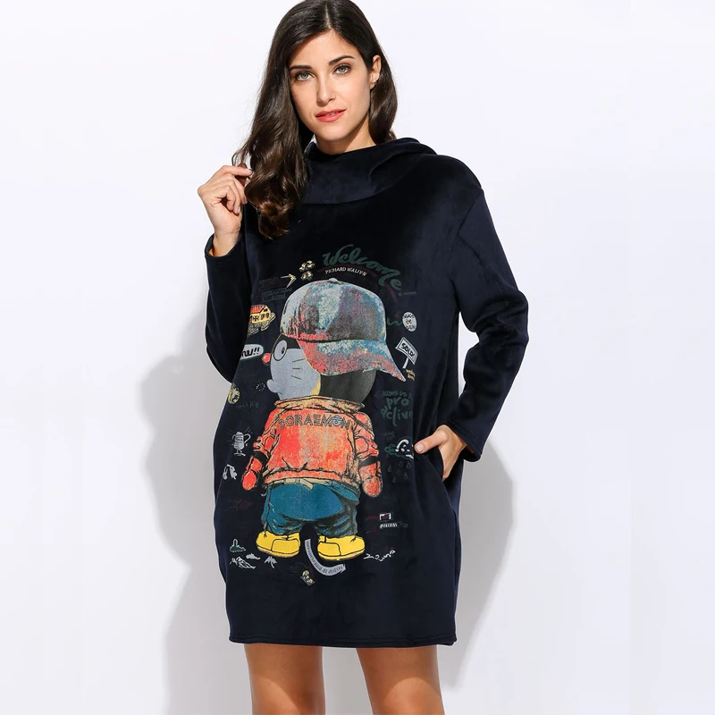 Casual Women Loose Long Sleeve Hooded Cartoon Printing Lint Dress | Женская одежда