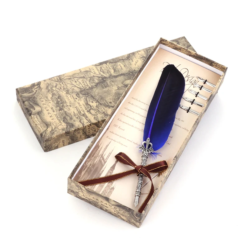 

Vintage Feather Pen Set Christmas Fountain Pen Gift Box Advertising Pen Birthday Gift Writing Stationery Quill Multicolour 5 Nib