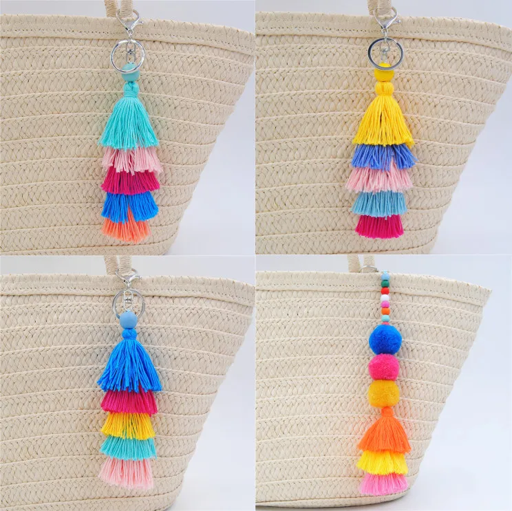 

1pc 2019 New Rainbow Colorful Gradient Pompons With Tassel Keychains Bag Charms Diy Jewelry Bohemian