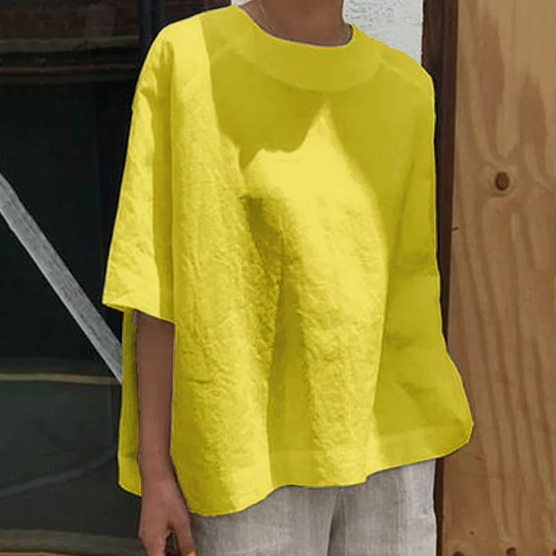 Хлопковая льняная однотонная женская рубашка повседневная с круглым вырезом и коротким рукавом женская футболка плюс размер Свободная футболка летние топы женские