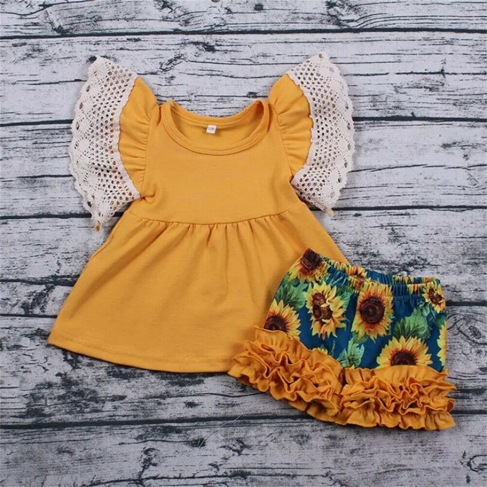 

Toddler Kid Baby Girl 2Y-7Y Clothes Tops+Sunflower Short Pants Summer Outfits Set