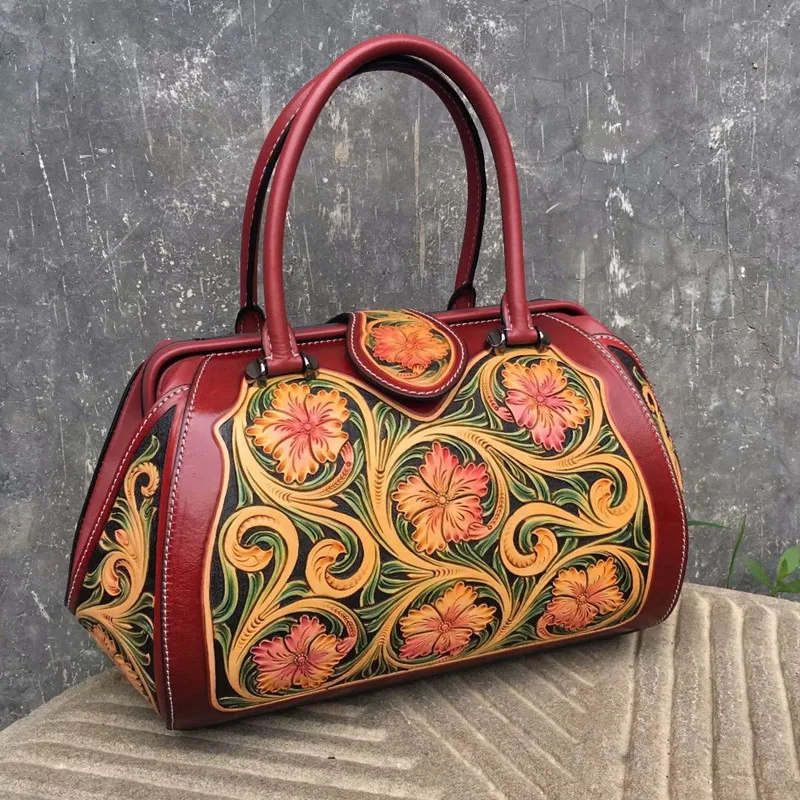 

Chinese Vintage Genuine Leather Handmade Engraved Designer Woman Large Purse Cowskin Female Top-handle Handbag Lady Portable Bag