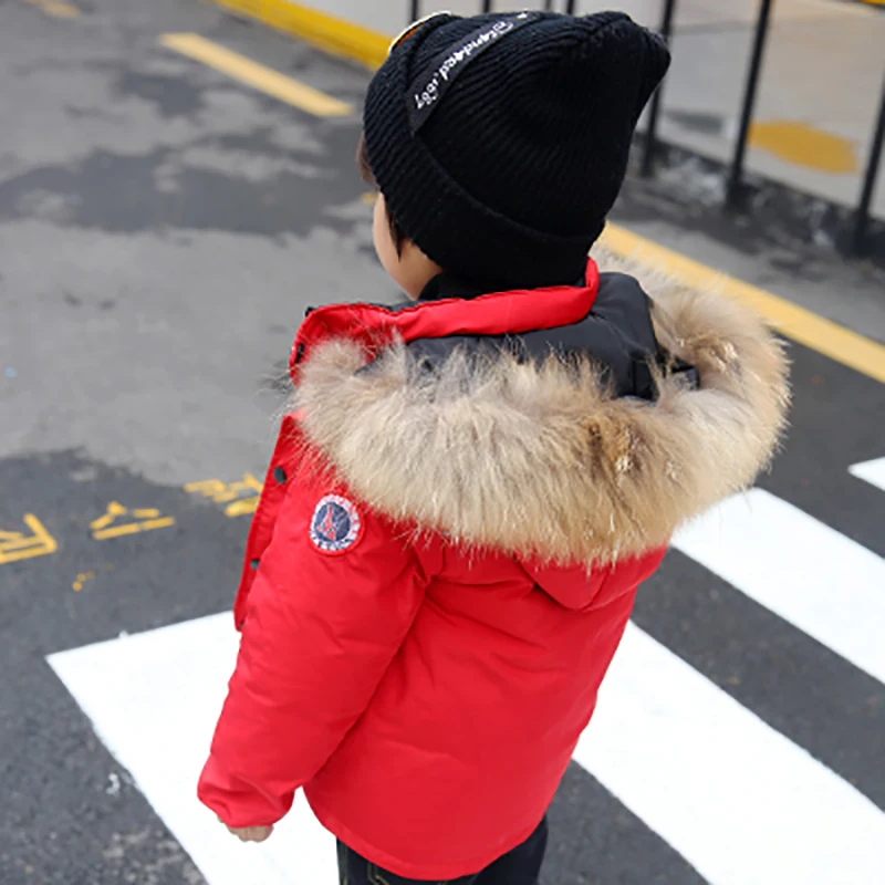

girls Russian winter Coat 3-9 years old kids hood jacket children's parkas thickening fashion Labeling real fur collar trench