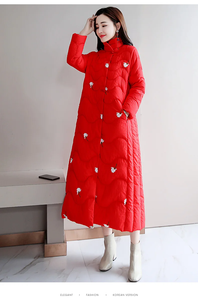 Зимняя куртка женский винтажный воротник-стойка Тонкий плюс размер пуховик вышитый длинный пуховик парка doudoune femme hiver