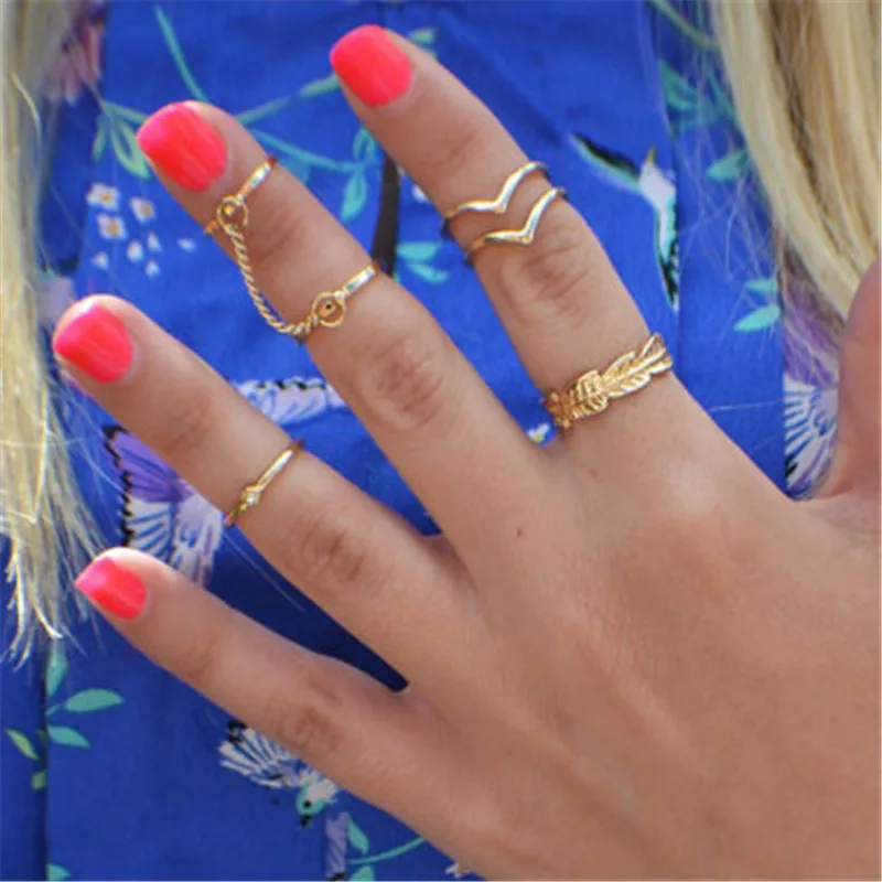 G056 6 шт./лот, уникальный регулируемый комплект панк-колец, Стильный золотой цвет, v-образное кольцо в форме листа для женщин, кольца на фаланг пальца, набор колец