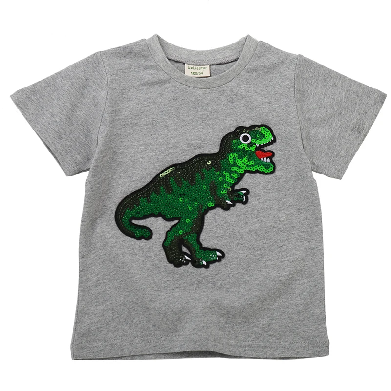 PaMaBa/забавная футболка с единорогом для девочек; ad; летняя футболка с короткими рукавами и блестками для мальчиков; модная детская хлопковая одежда; повседневные топы - Цвет: Dinosaur Grey Tee