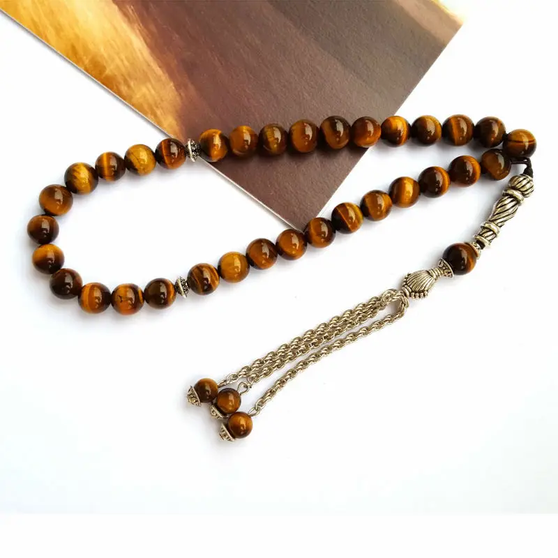 New 8 x 6mm Natural Tiger Eye's Stone 33 Prayer beads Islamic Muslim Tasbih Rosary Misbaha bead for Famliy friend present gift