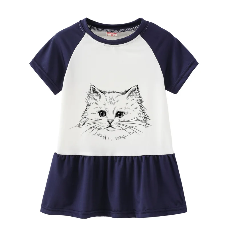 Summer Casual Cat Cartoon Printed Baby Princess Girls Short-Sleeved Dress Navy Patchwork Girls Clothes For 2-7 Years Old Summer Casual Cat Cartoon Printed Baby Princess Girls Short-Sleeved Dress Navy Patchwork Girls Clothes For 2-7 Years Old