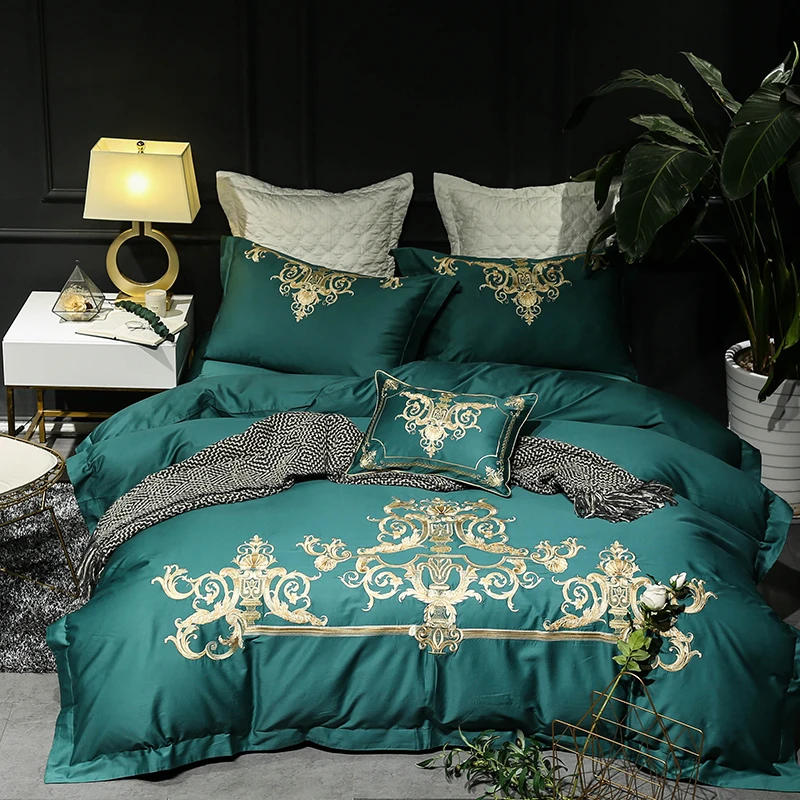 

green luxury Golden Royal Embroidery 60S Egyptian Cotton Bedding Set Duvet Cover Bed Linen Bed sheet Pillowcases King Queen Size