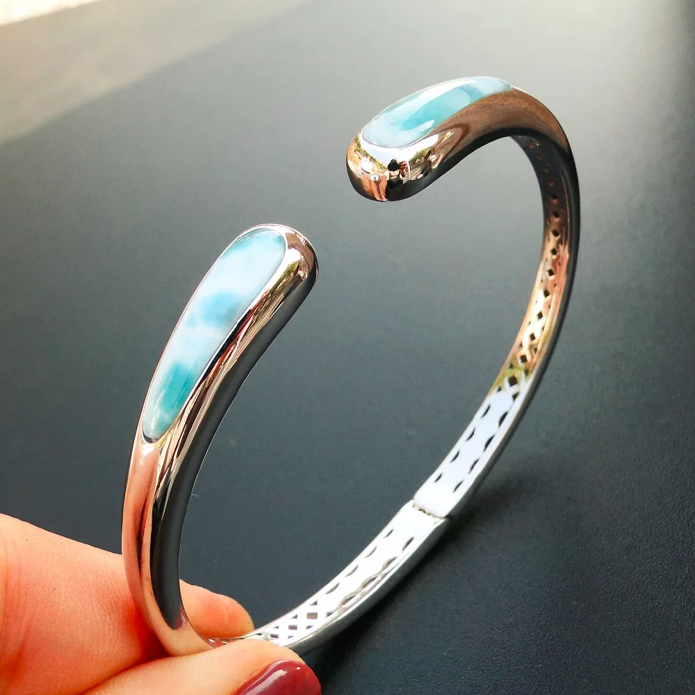 

10pcs Wholesale Natural Larimar Bangle Bracelets Natural Larimar Bangle Bracelets 925 Sterling Silver Bangle Jewelry