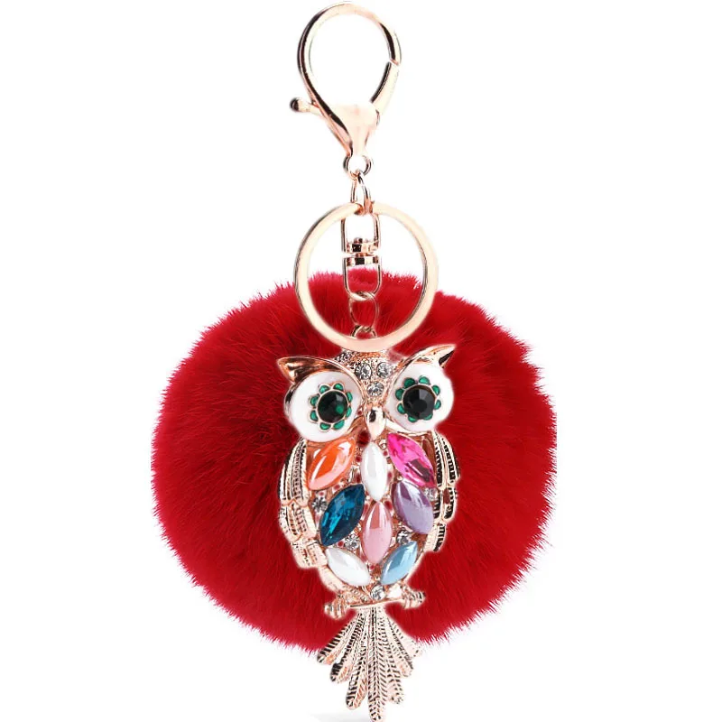 

K0023 2019 New Fashion Furry Ball Owl Animal Keychain Big Crystal Stone Owl Rabbit Fur Ball Key Chain Jewelry