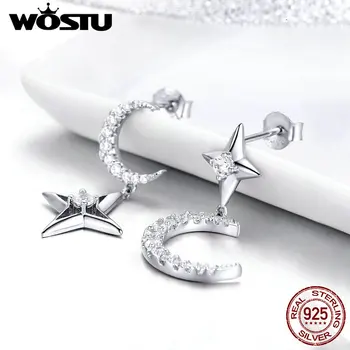 

WOSTU Hot Fashion 100% 925 Sterling Silver Moon & Stars Clear Zircon Drop Earrings For Women Engagement Luxury Jewelry FNE050