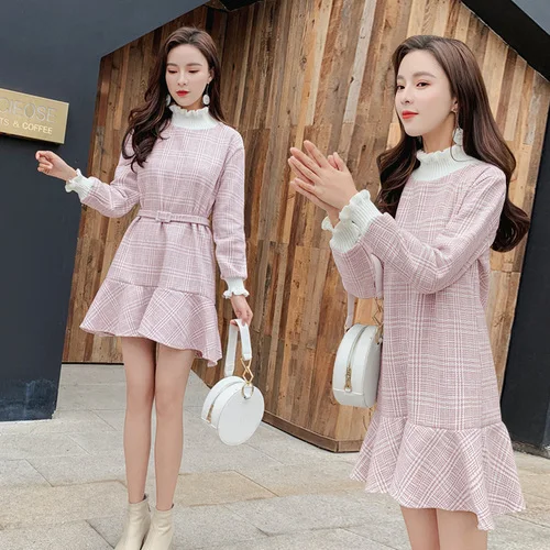 

2018 Autumn And Winter Casual Knee-length Puff Sleeve Plaid Women Dress Thick Trumpet Mermaid Pink Kawaii Turtleneck Dresses