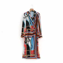 2019 nouveau femmes rétro chaîne imprimé col cranté fendu robe midi dames streetwear couleur mathicng rayure robes(China)