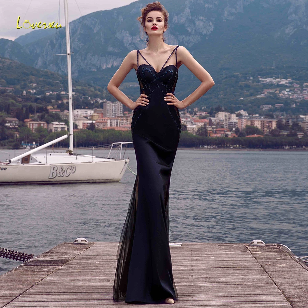 

Loverxu Sexy Sweetheart None Train Mermaid Evening Dress Chic Applique Spaghetti Strap Backless Floor Length Formal Evening Gown