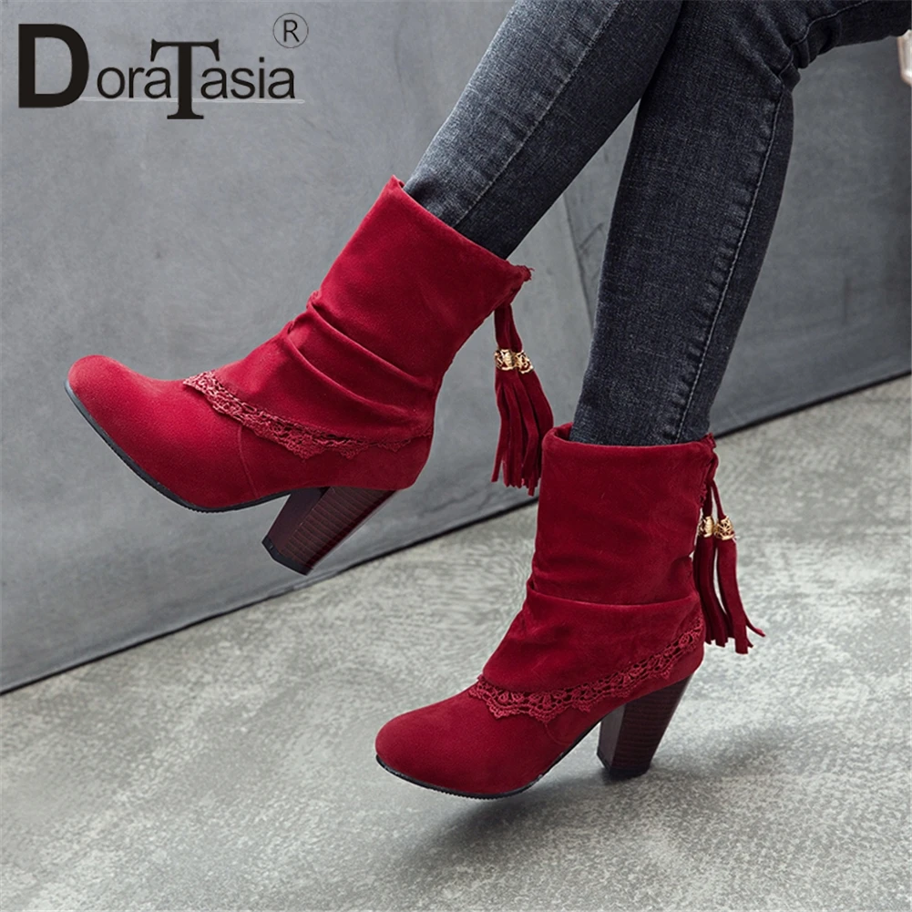 

DORATASIA Fashion New Hot Dropship Fringe Shoes Woman Boots Female Hoof Heels Slip On Black Red Add Fur Casual Boots Woman Shoes