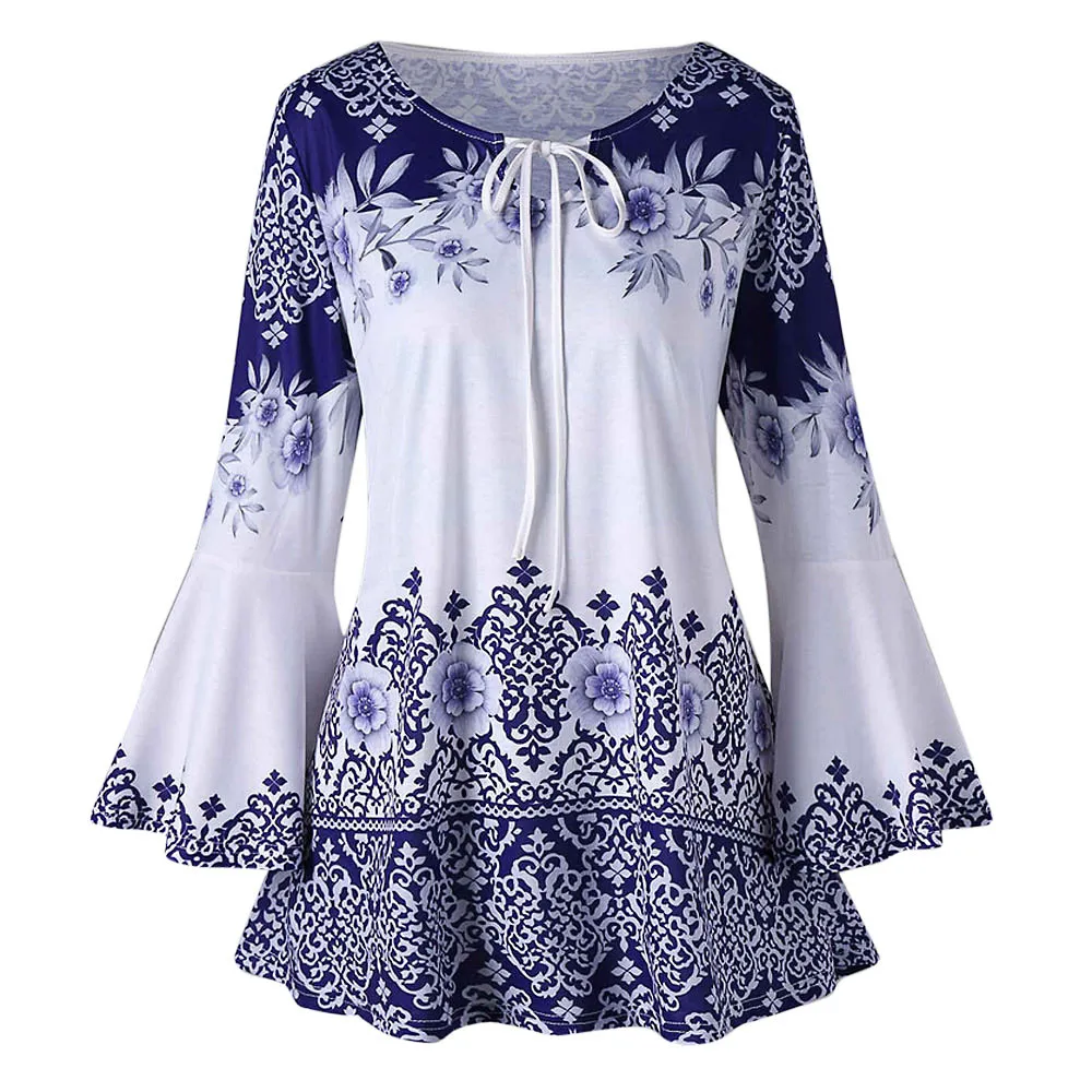 

Autumn Womens Blouses Plus Size 5XL Autumn Boho Causal Printed Long Flare Sleeve Tops Keyhole Blouses blusas mujer de moda
