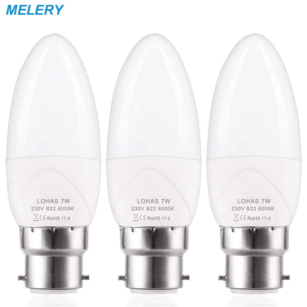 

LED Candle Light Bulbs B22 Bayonet 70W Equivalent LED 7W Day White 6000K Candelabra Bulbs,630Lm 180 Degree Beam Angle-3Pack