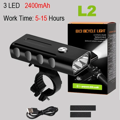 NEWBOLER 5200mAh Bike Light Kit T6 L2 Flashlight For Bicycle 2400 Lumen Led Lantern USB Headlight Mount Bracket Cycle Fornt Lamp - Цвет: L2 5 hours  3 LED