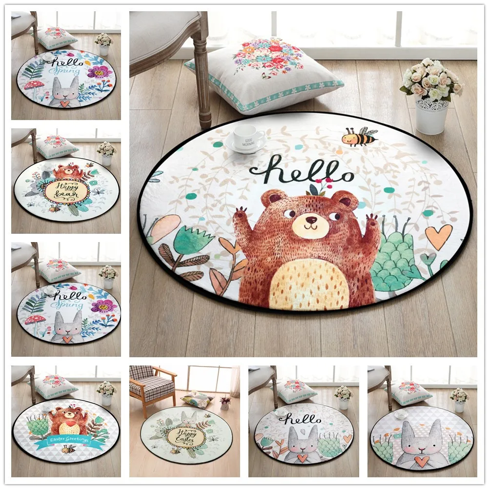 

Cartoon Bear Round Carpet Hand Drawn animals Bee Bedroom Area Rug Non-Slip Floor Mats Kid's Living Room Crawling Play Mat circle