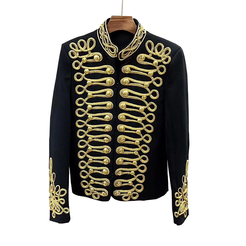 

Luxury Brand Men Blazers Jacket Wedding Stand Collar Chinese Tunic Suit Wedding Royal Gown Gold Button Suits Male Party Groom