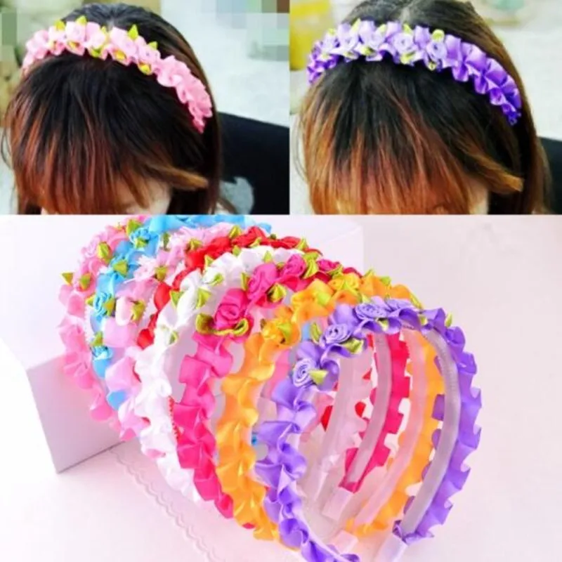

New Children Girls Rose Flower Headband With Ribbon Princess Headwear Hair Accessories Halloween Party Favor Gift