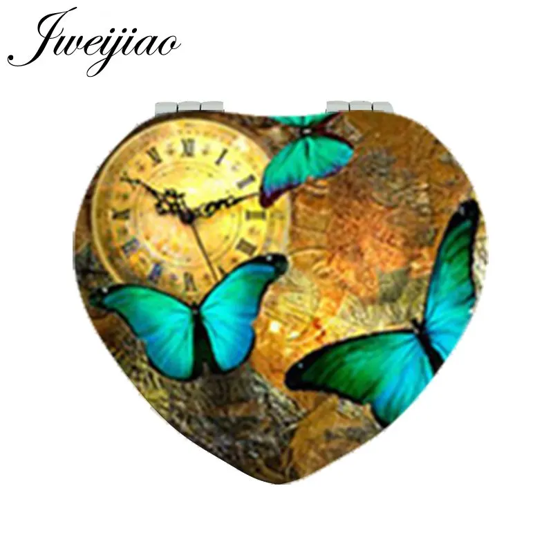 

JWEIJIAO Steampunk Butterfly Makeup Mirrors Heart Shaped Folding Mini Pocket PU Leather Mirror 1X/2X Magnifying