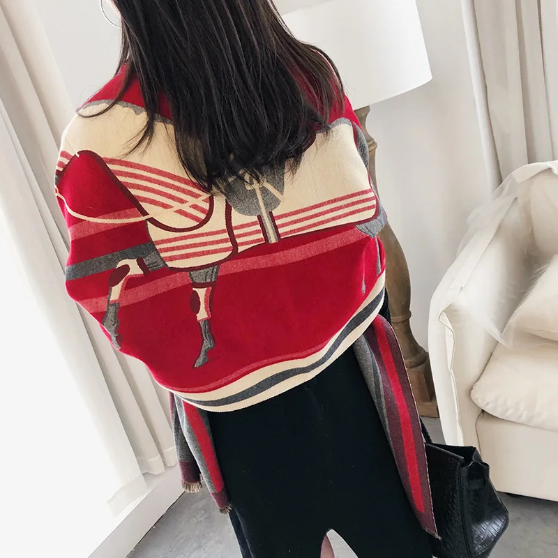 

Luxury Brand Scarf Women Fashion Horse Print Shawls and Wraps Thick Warm Cashmere Scarves 2019 Winter Pashmina Large Echarpe